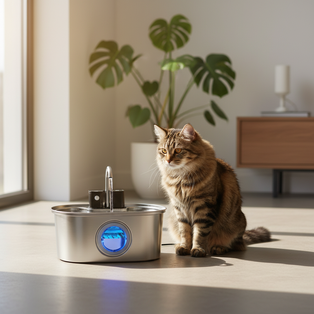 Cat with fountain in modern home